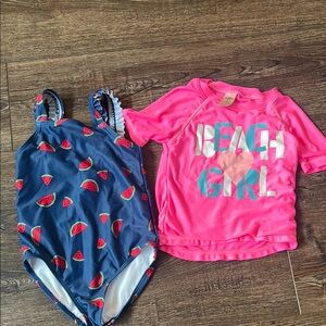 Kids Watermelon Print Swimsuit and Pink Beach Girl Rash Guard (3T)